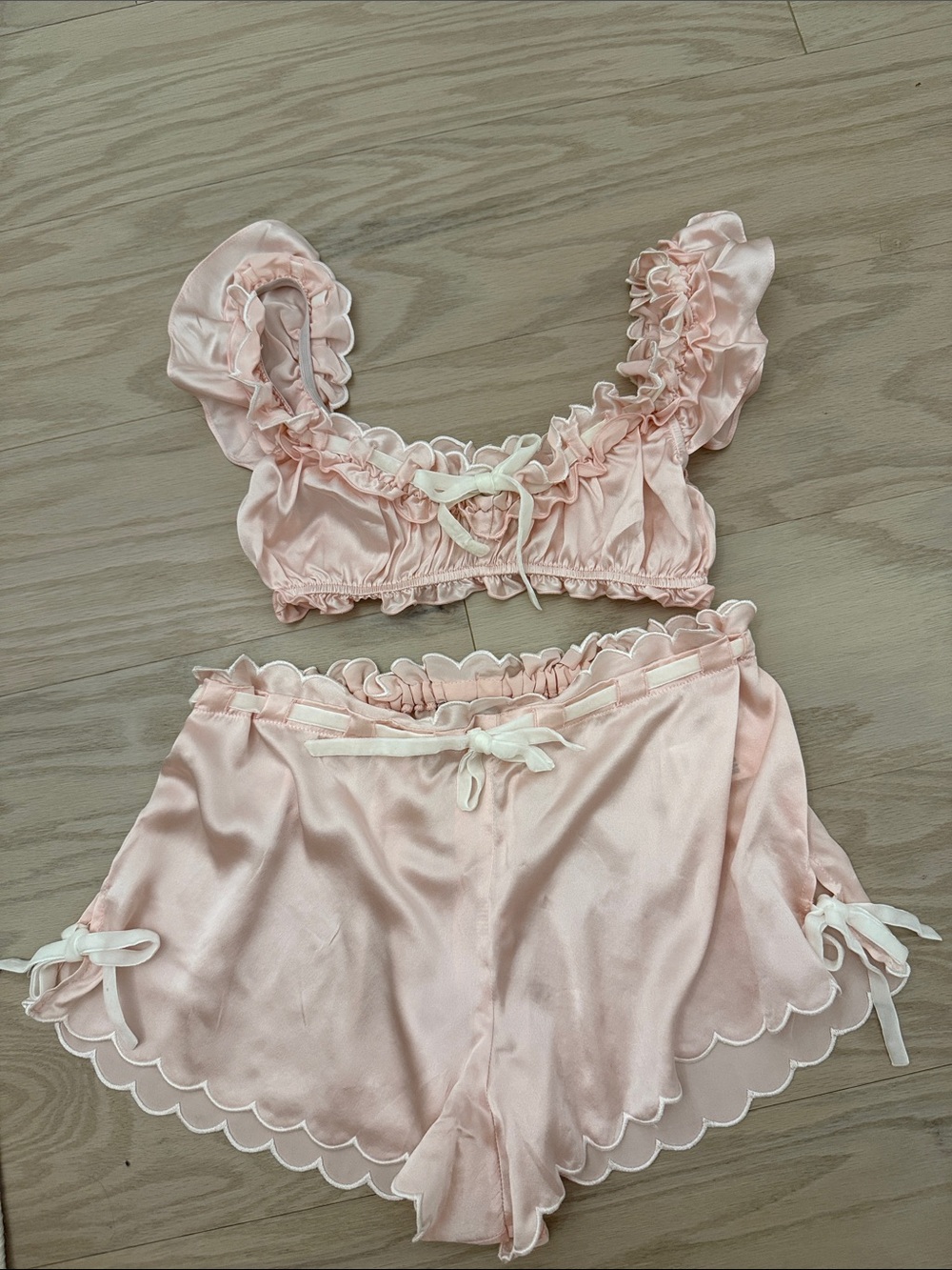 The Bar Silk Ruffle Pajama Set in Pale Pink